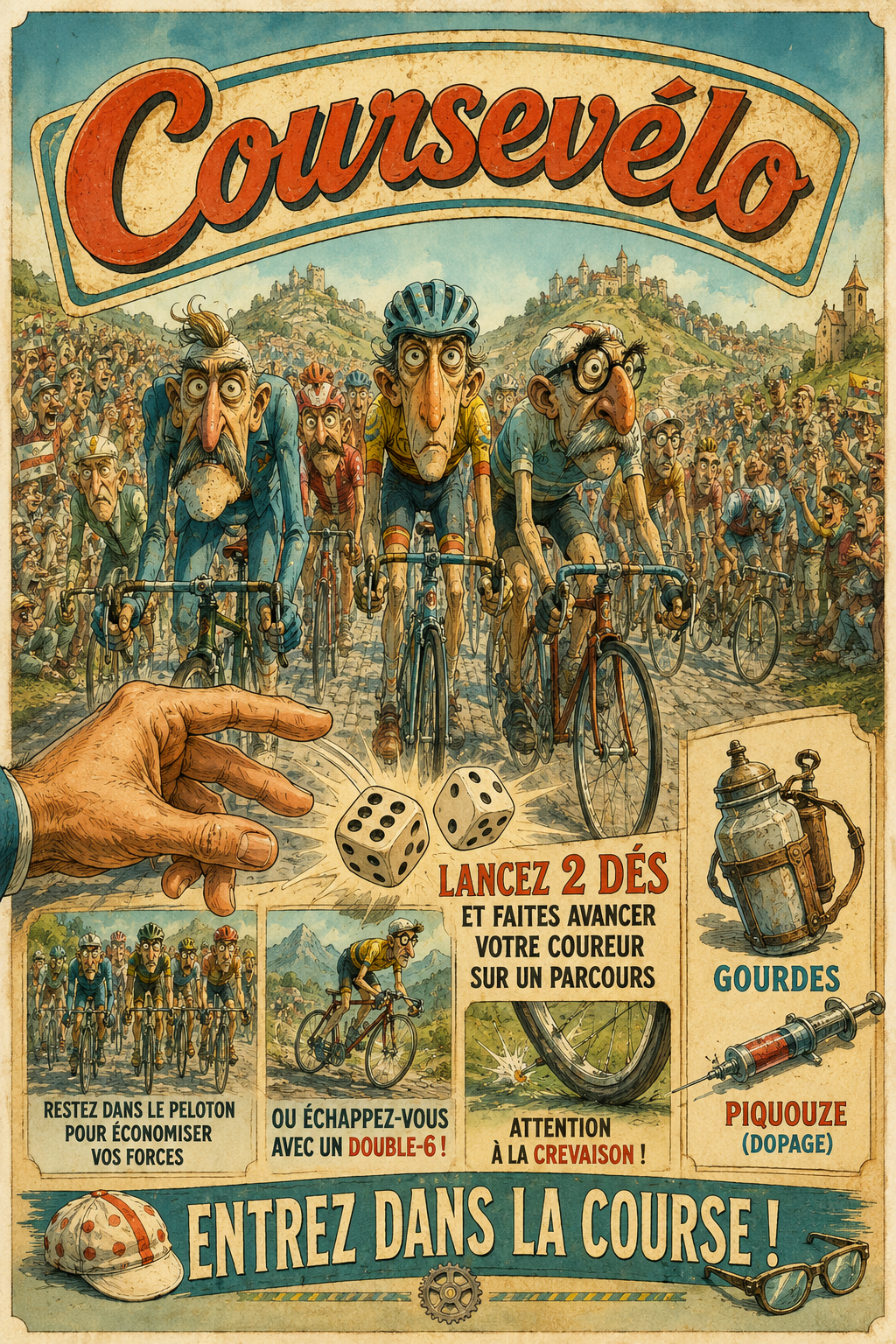 Affiche Coursevélo — coureurs au sprint, dés, gourdes et piquouze